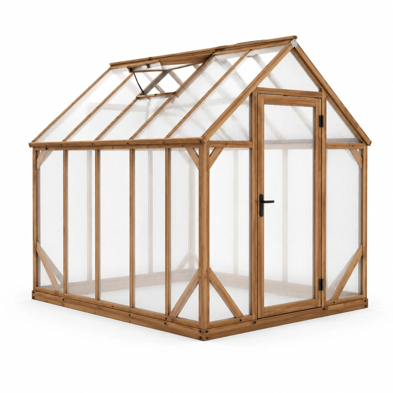 Serre de jardin en bois naturel et polycarbonate transparent, 190 × 130 × 205 cm, toit à deux pans avec lucarne ouvrante