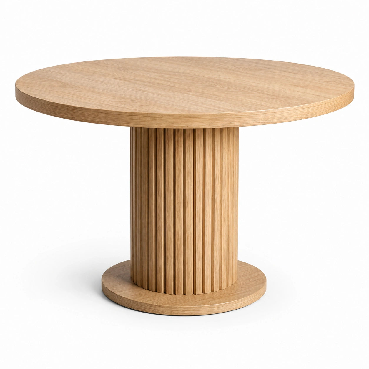 Table à manger ronde en bois finition chêne naturel, piètement central cannelé contemporain, Ø 120 × H 75 cm