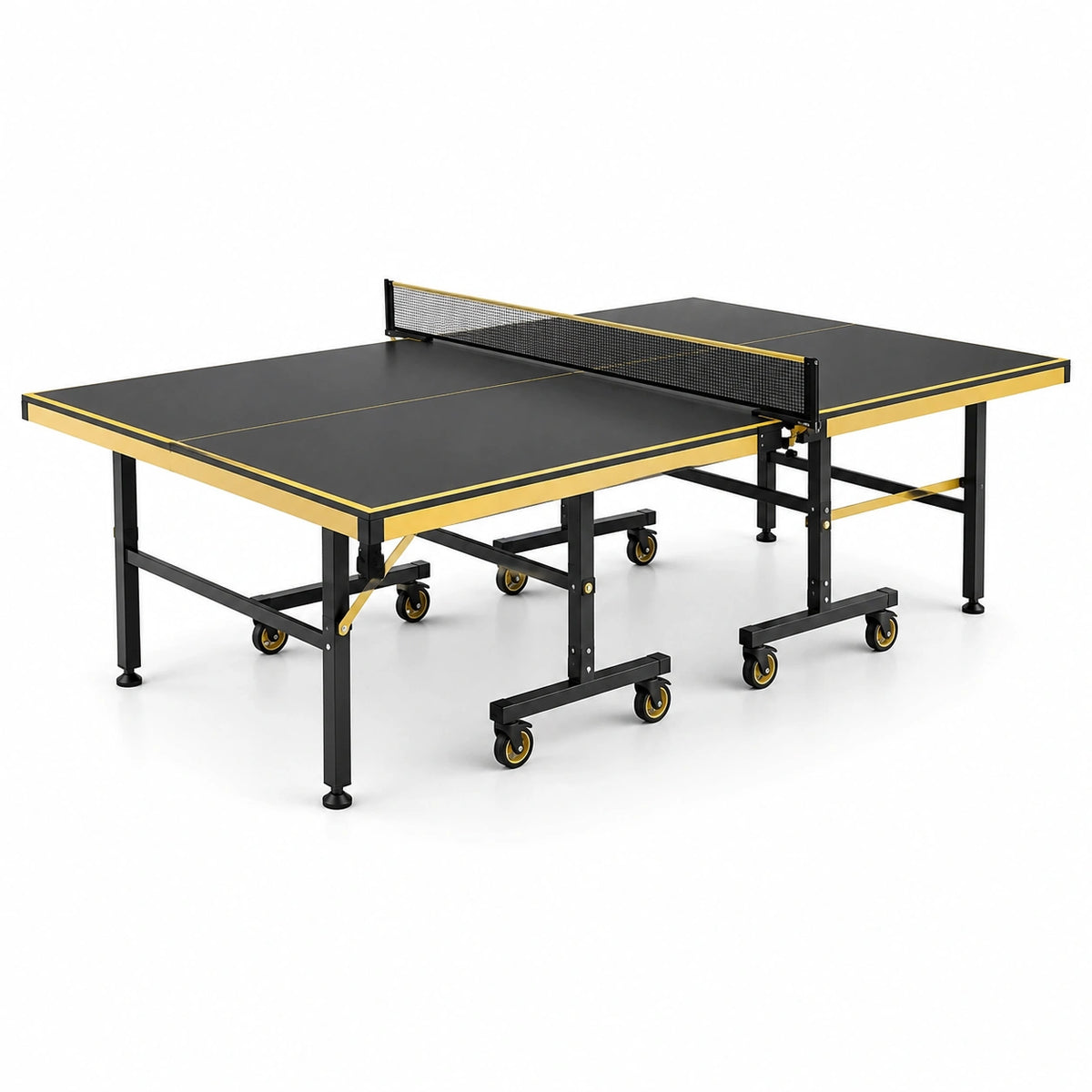 Table de tennis de table pliable sur roulettes avec filet, noir et doré, 274 × 152,5 × 76 cm