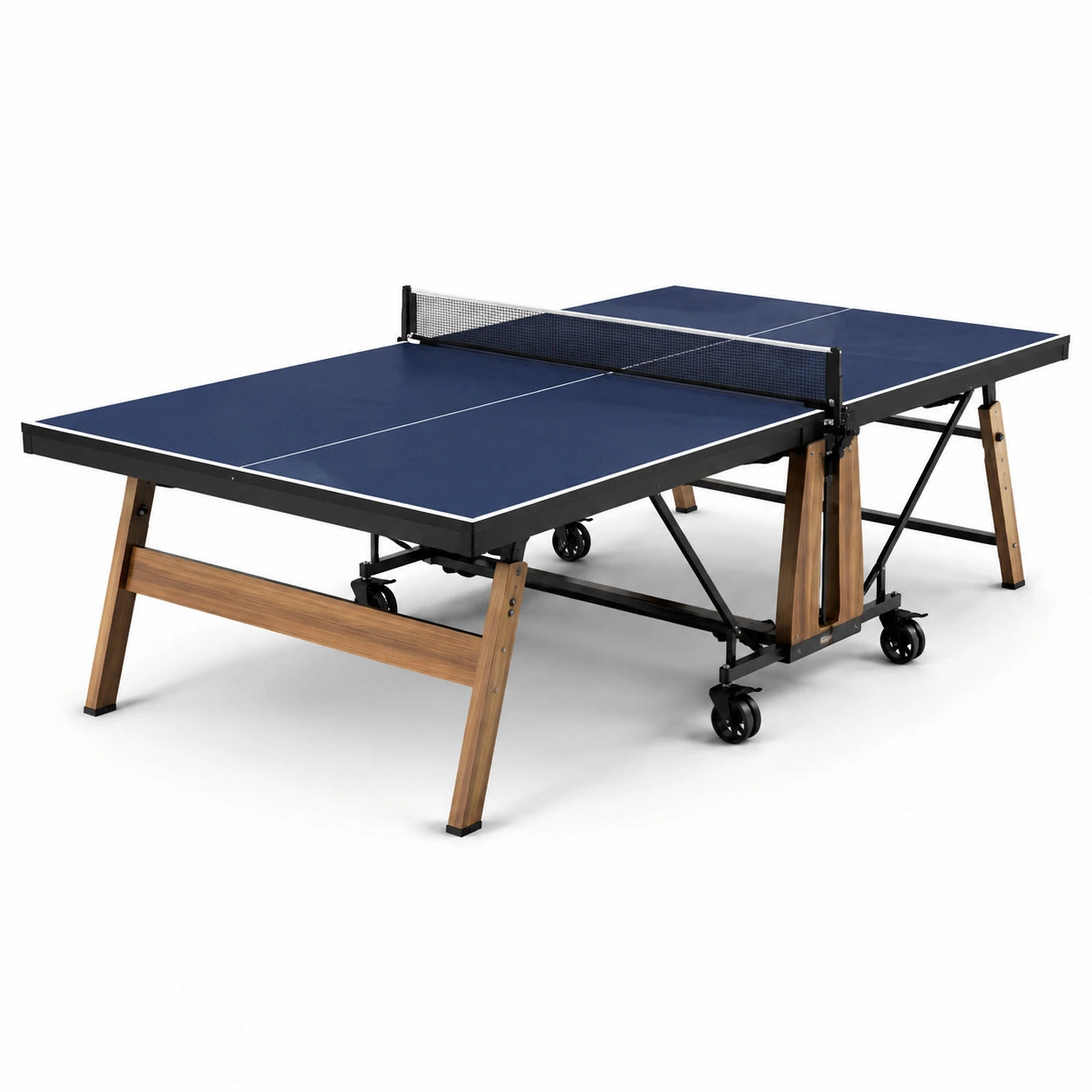 Table de tennis de table pliable bleu, noir et bois naturel, 274 × 152,5 × 76 cm, avec filet et roulettes