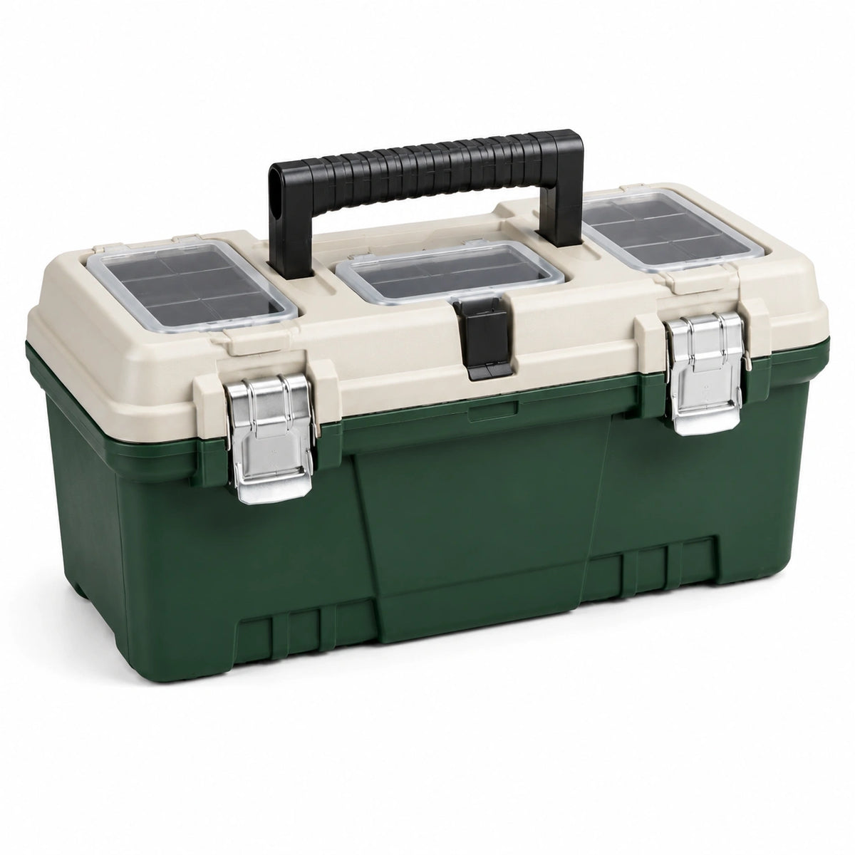 Boîte à outils en plastique vert foncé et beige, 50 × 26 × 25 cm, avec trois organiseurs intégrés et poignée rabattable