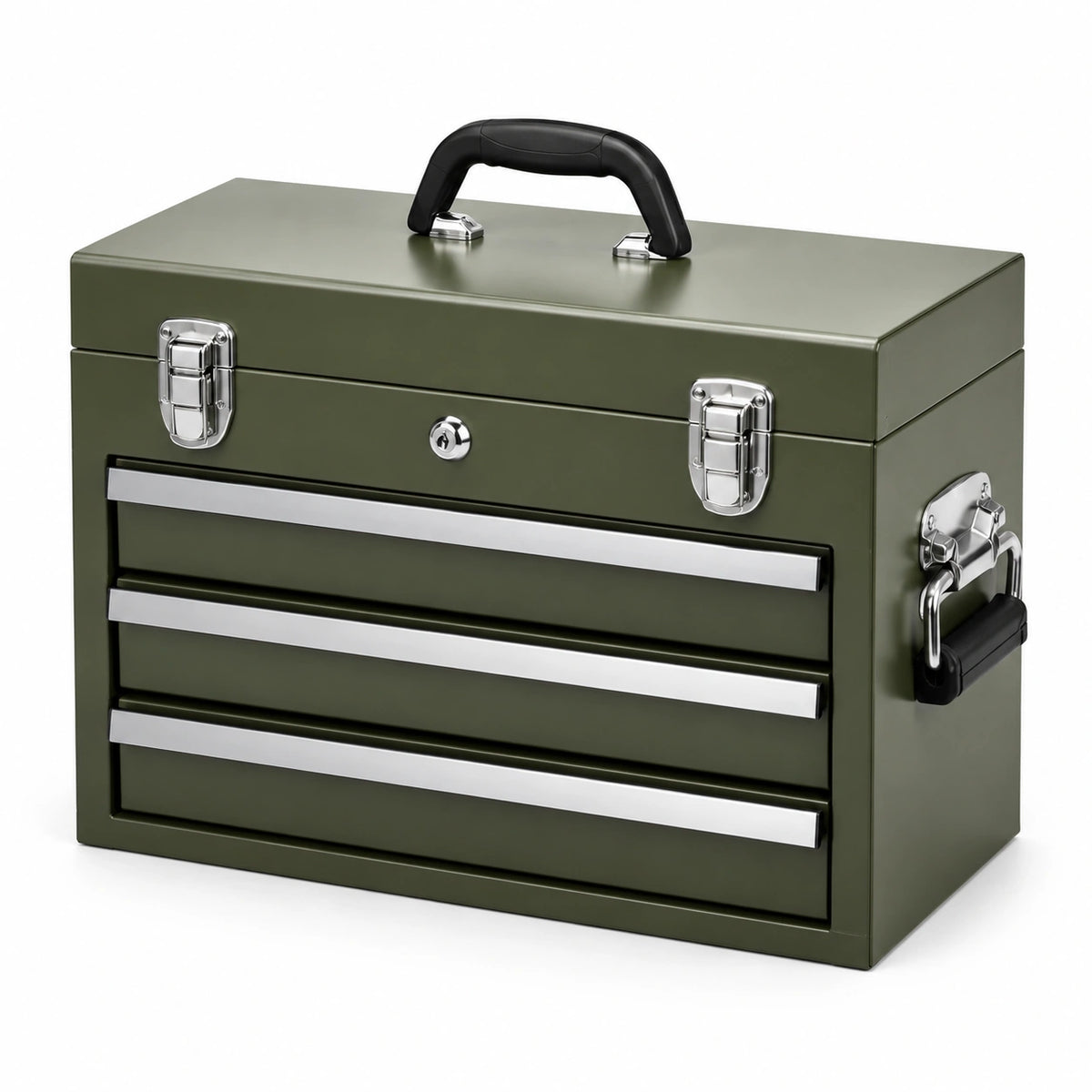 Coffre à outils portable en acier vert kaki à 3 tiroirs, 51 × 22 × 40 cm