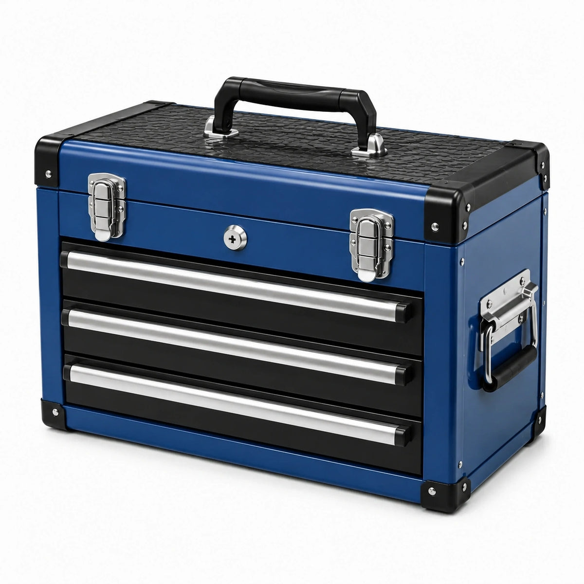 Boîte à outils portable en acier à 3 tiroirs, 51 × 26 × 39 cm, bleu, noir et argenté