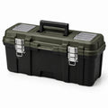 Boîte à outils portable noire et vert olive, 48 × 25 × 24 cm, avec compartiments supérieurs