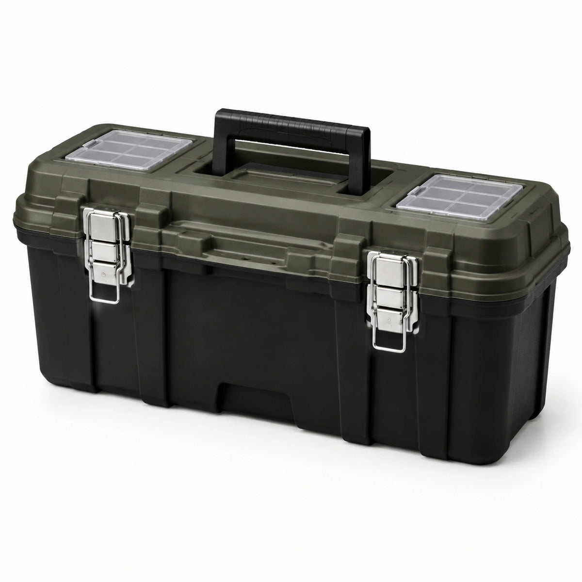 Boîte à outils portable noire et vert olive, 48 × 25 × 24 cm, avec compartiments supérieurs