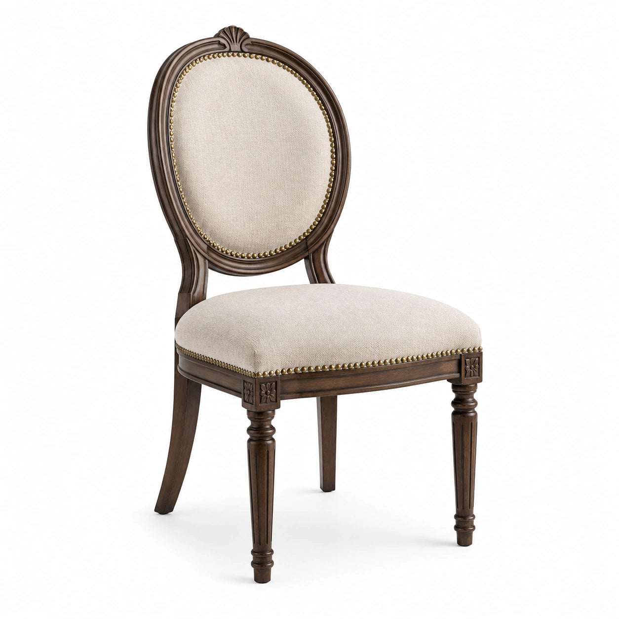 Chaise de salle à manger classique en bois brun et tissu beige avec dossier médaillon – 50 × 55 × 96 cm