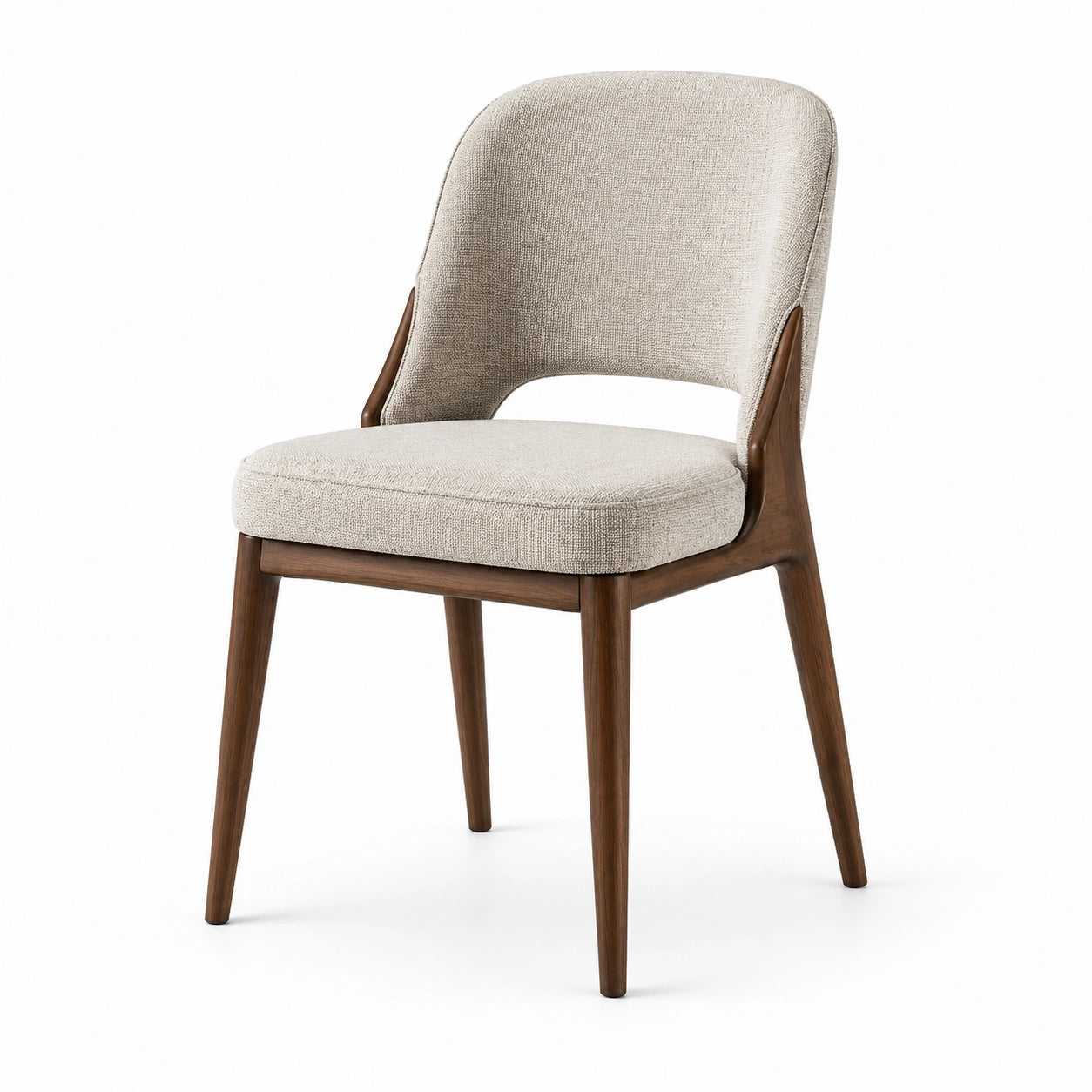 Chaise rembourrée moderne en tissu beige et bois brun, 53 × 58 × 84 cm