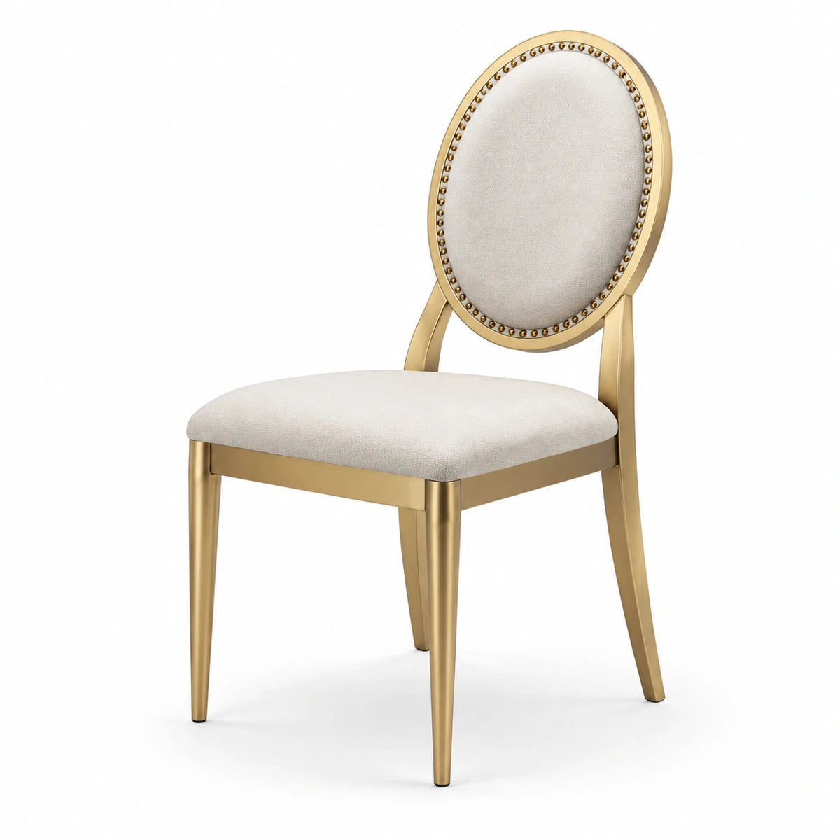 Chaise à dossier médaillon en métal doré et tissu ivoire, 50 × 55 × 98 cm