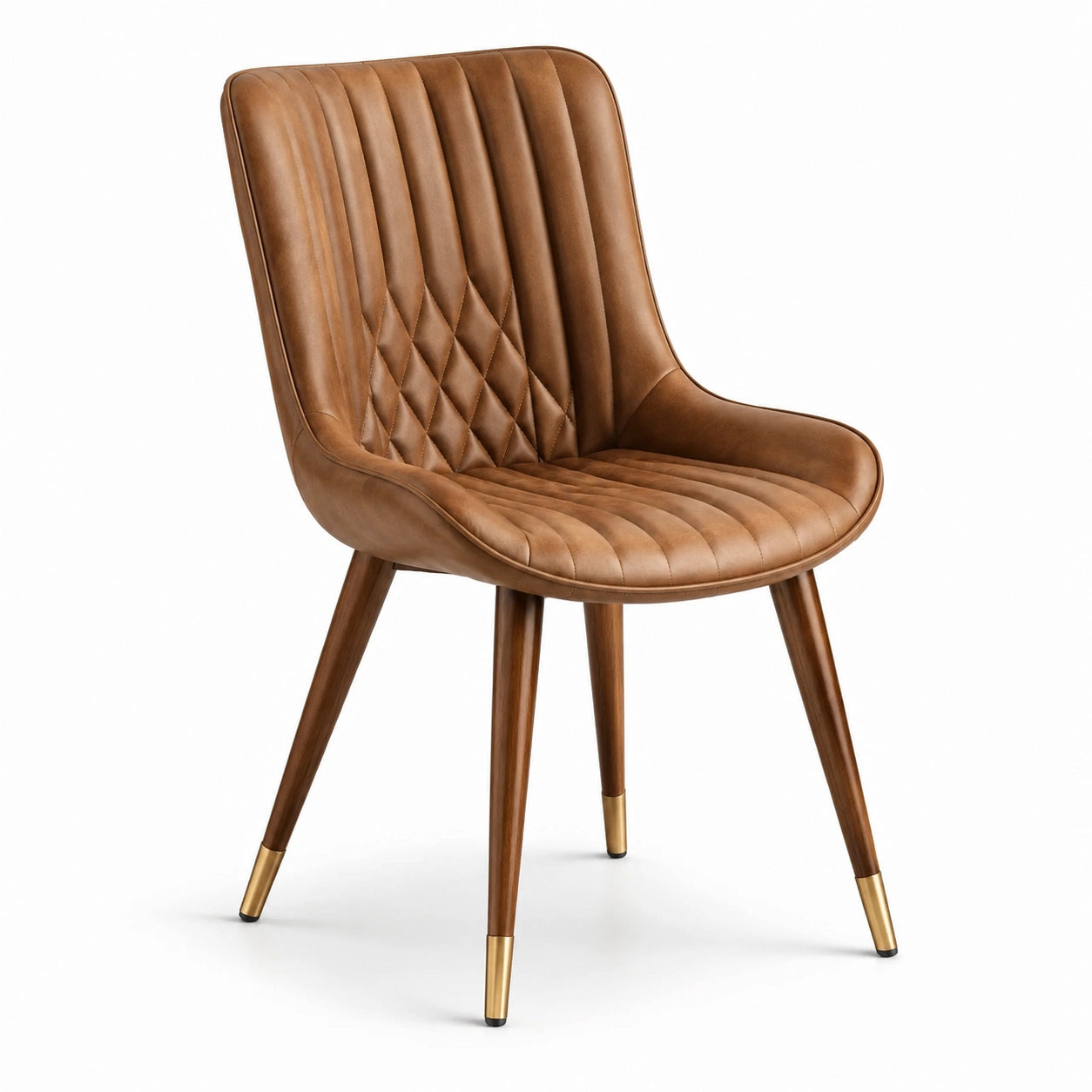 Chaise rétro matelassée en similicuir marron cognac et pieds dorés, 58 × 62 × 86 cm