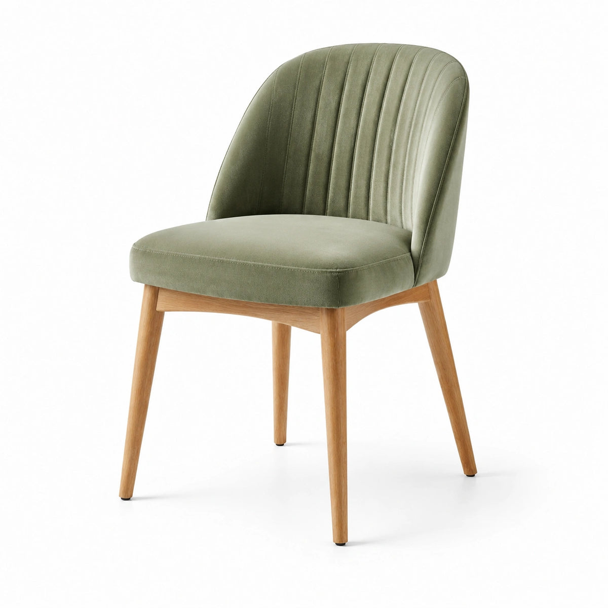 Chaise en velours vert et bois naturel, 59 × 55 × 82 cm, style contemporain
