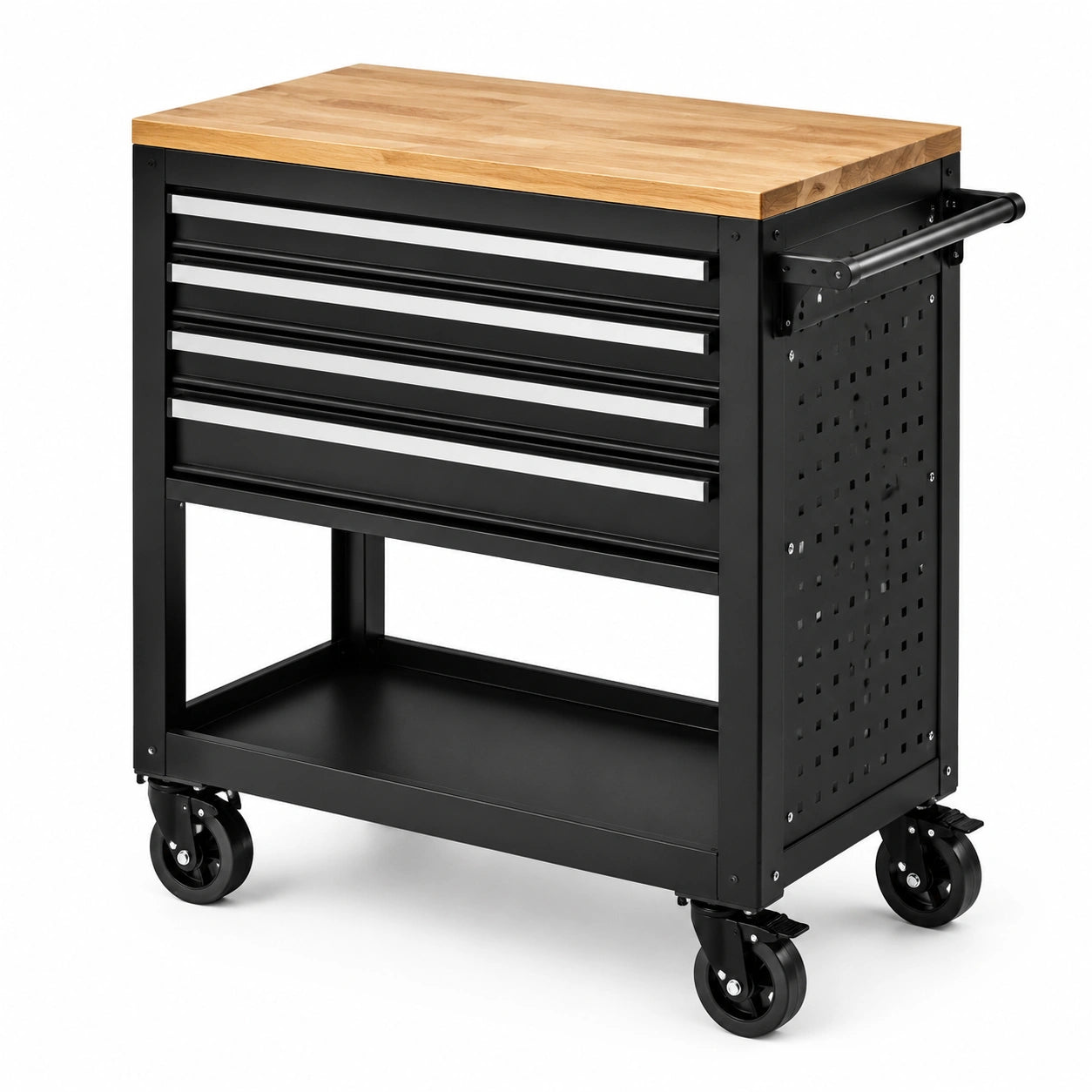 Servante d'atelier mobile noire et bois naturel, 4 tiroirs, plateau en bois et roulettes, 77 × 47 × 89 cm