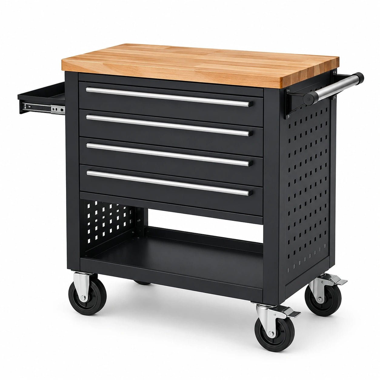 Servante d'atelier mobile noire avec plateau en bois naturel, 4 tiroirs, tablette latérale et roulettes, 76 × 46 × 89 cm