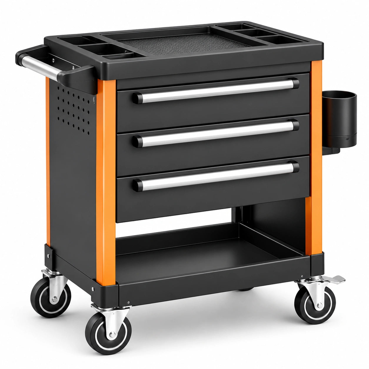 Servante d'atelier mobile en acier noir et orange, 75 × 40 × 83 cm, 3 tiroirs