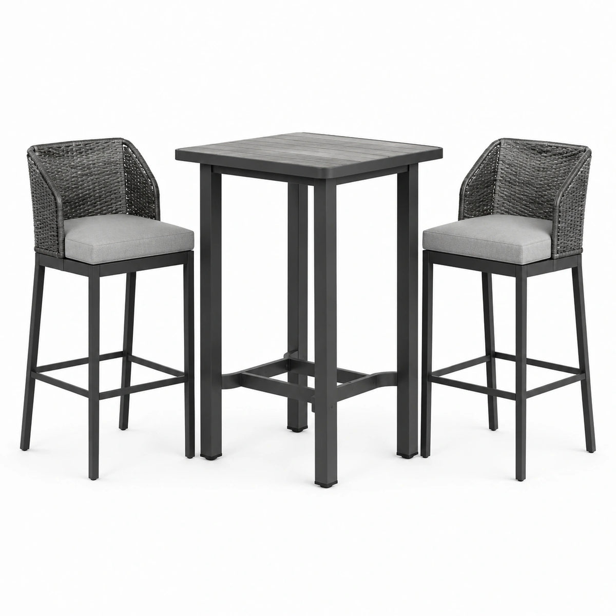 Ensemble de jardin 3 pièces gris anthracite et gris clair avec table haute 70 × 70 × 95 cm et 2 tabourets 56 × 58 × 105 cm