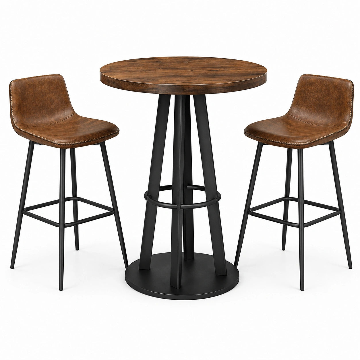 Ensemble de bar 3 pièces, table ronde Ø 80 × H 100 cm et 2 tabourets 45 × 48 × 92 cm, brun et noir