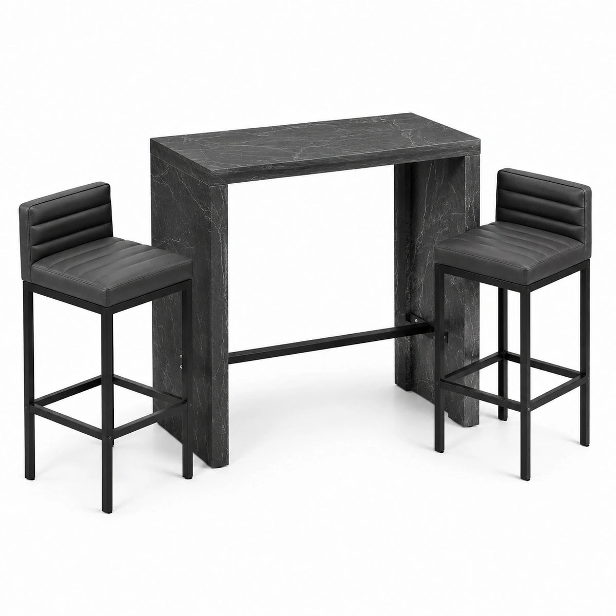 Table de bar avec 2 tabourets, effet marbre noir et gris anthracite, table 120 × 40 × 100 cm, tabourets 40 × 42 × 90 cm