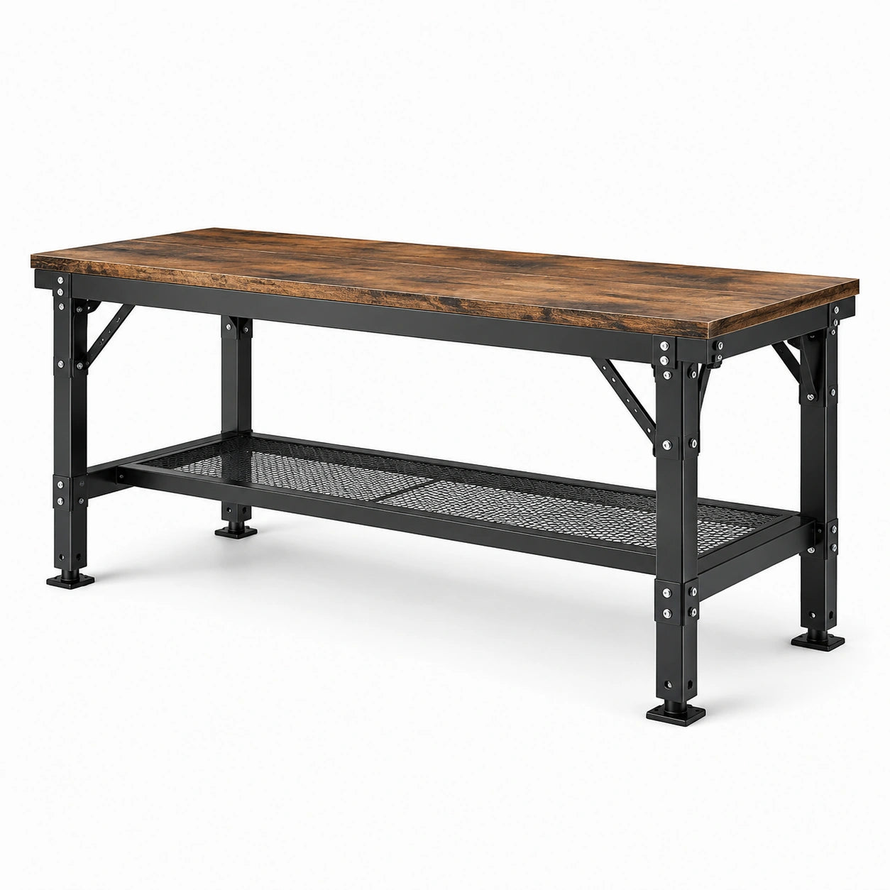 Établi industriel en bois brun et acier noir avec étagère inférieure, 120 × 60 × 90 cm