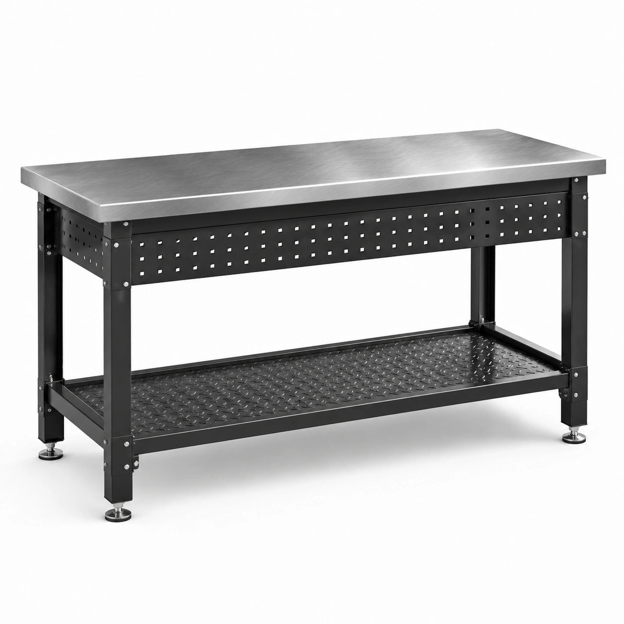 Établi d'atelier en acier noir et inox argenté, 120 × 60 × 90 cm, plateau inférieur et pieds réglables