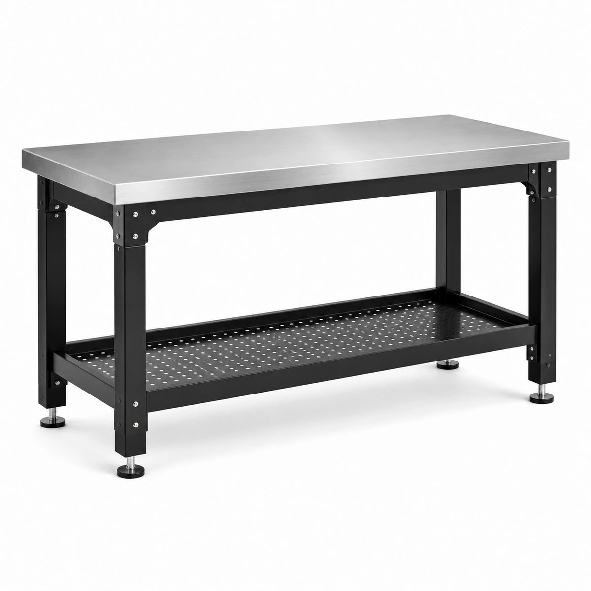 Établi en acier inoxydable argenté et acier noir avec étagère inférieure, 120 × 60 × 85 cm
