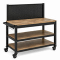 Établi mobile en acier noir et panneaux marron avec 3 niveaux et panneau perforé, 120 × 60 × 150 cm