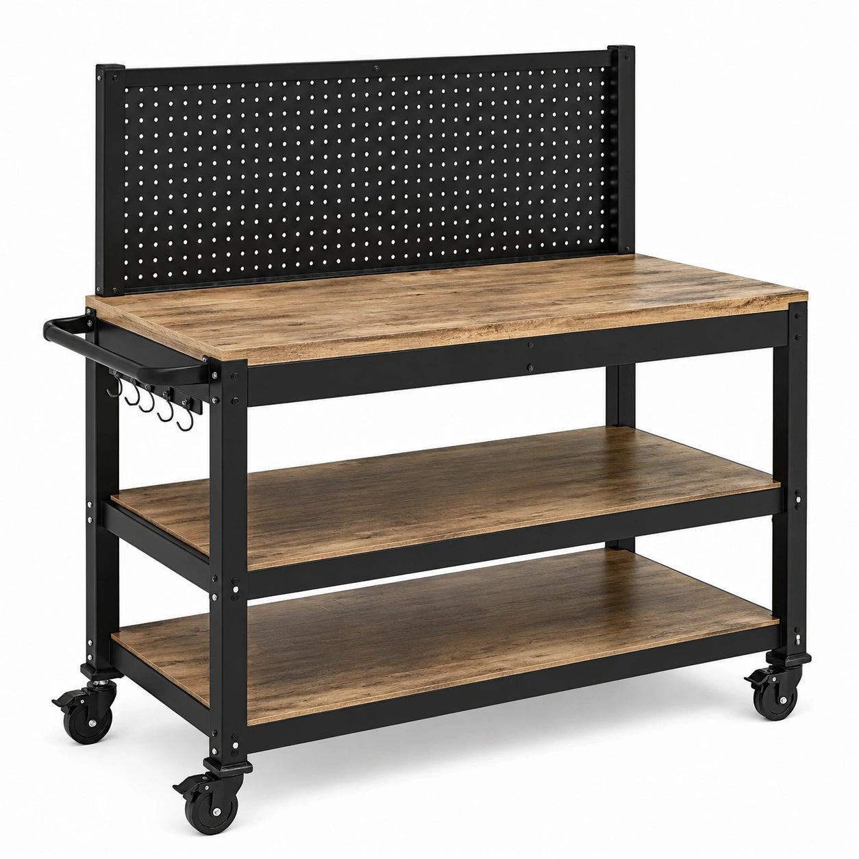 Établi mobile en acier noir et panneaux marron avec 3 niveaux et panneau perforé, 120 × 60 × 150 cm