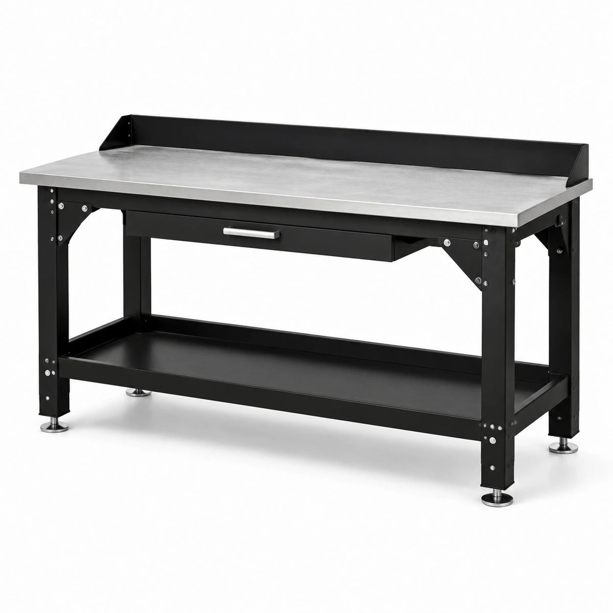 Établi d'atelier en acier noir avec plateau inoxydable, tiroir et étagère, 120 × 60 × 95 cm