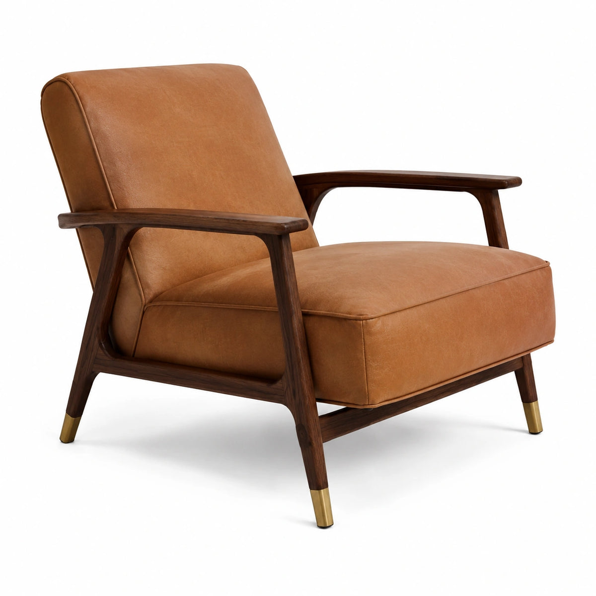 Fauteuil rétro en effet cuir camel et bois brun foncé avec accoudoirs, 80 x 84 x 83 cm