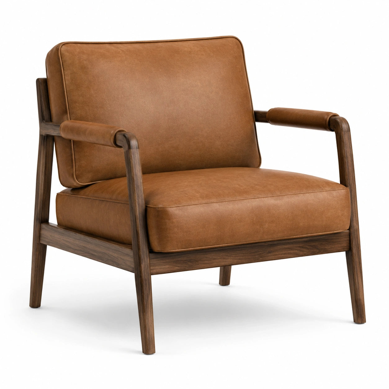 Fauteuil vintage en bois et similicuir camel et marron foncé, 76 × 80 × 82 cm
