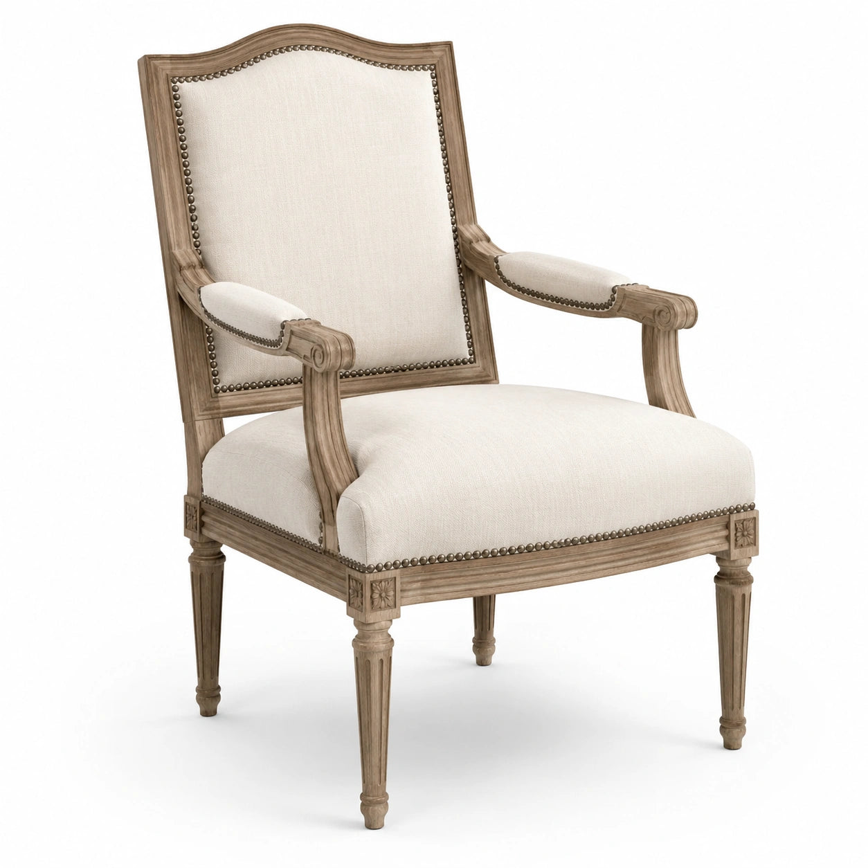 Fauteuil classique en bois brun clair et tissu beige avec accoudoirs, 72 × 78 × 100 cm