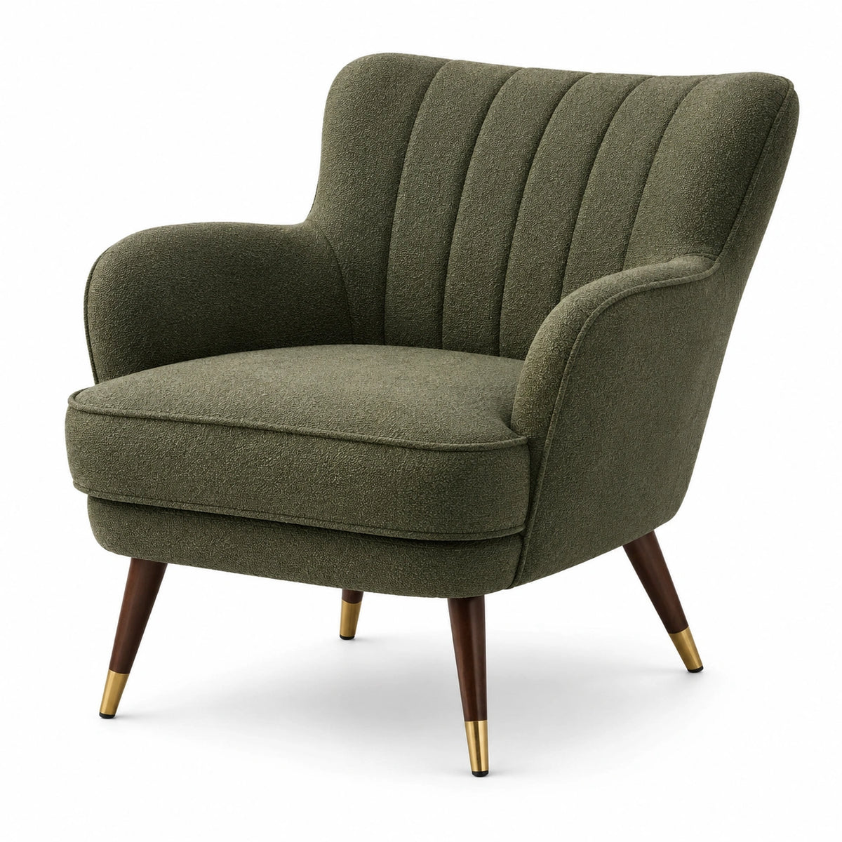Fauteuil rétro en tissu bouclé vert olive avec accoudoirs, 78 × 82 × 88 cm