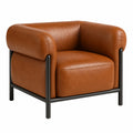 Fauteuil contemporain 90 × 85 × 78 cm, aspect cuir cognac et structure en métal noir
