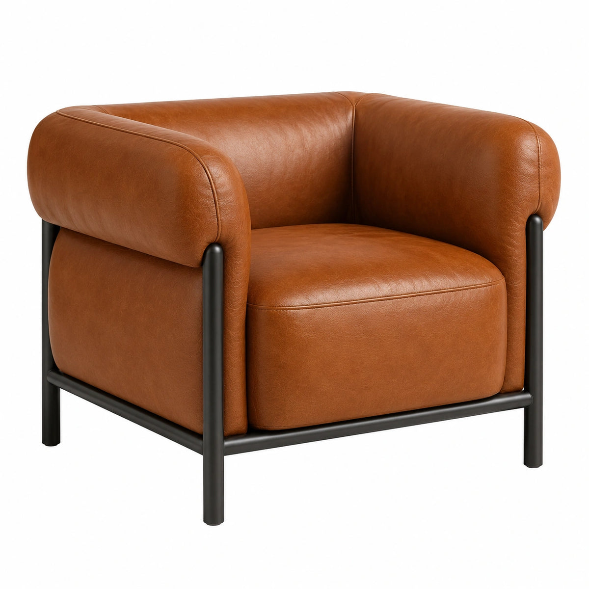 Fauteuil contemporain 90 × 85 × 78 cm, aspect cuir cognac et structure en métal noir