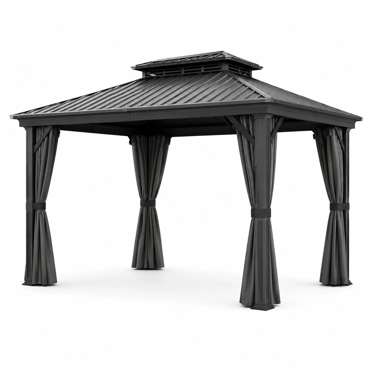 Tonnelle de jardin anthracite 400 × 300 × 285 cm avec toit rigide ventilé et rideaux