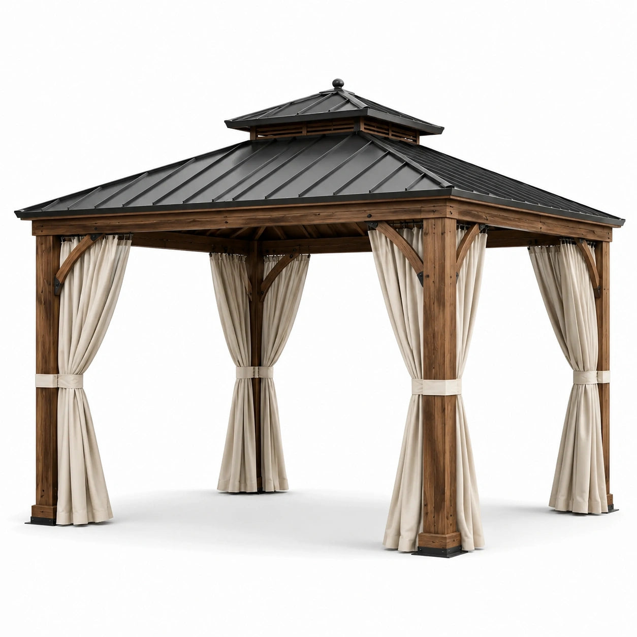 Tonnelle de jardin en bois brun avec toit rigide noir et rideaux beiges, 360 × 300 × 310 cm