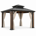 Tonnelle de jardin contemporaine en métal anthracite et brun avec rideaux beiges, 400 × 300 × 295 cm