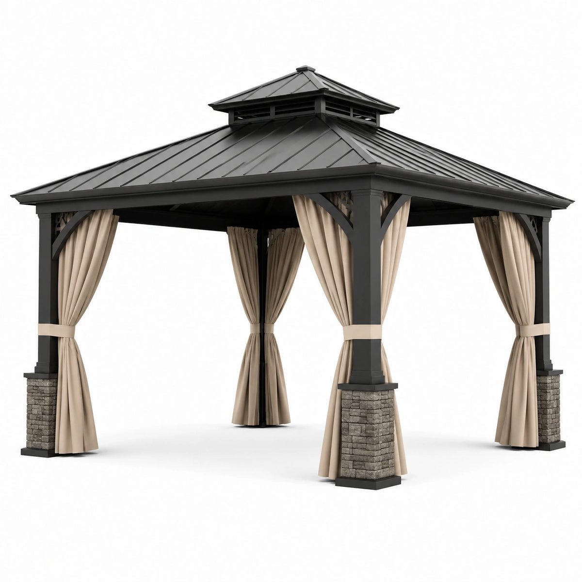 Pergola de jardin en métal anthracite avec toit rigide ventilé et rideaux beiges, 400 × 300 × 320 cm