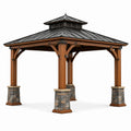 Pavillon de jardin carré 400 × 400 × 350 cm en bois brun, toit rigide anthracite et parement gris