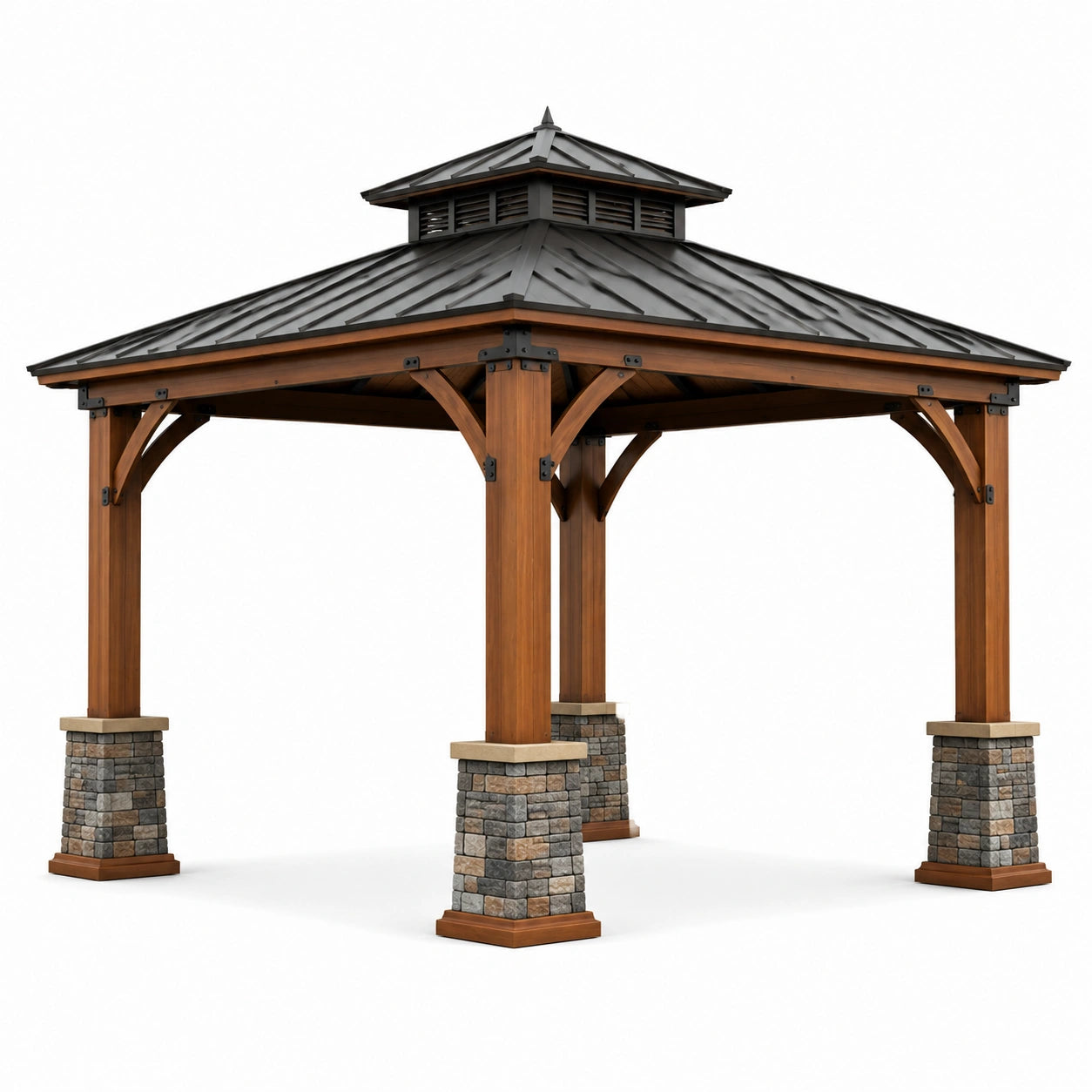 Pavillon de jardin carré 400 × 400 × 350 cm en bois brun, toit rigide anthracite et parement gris