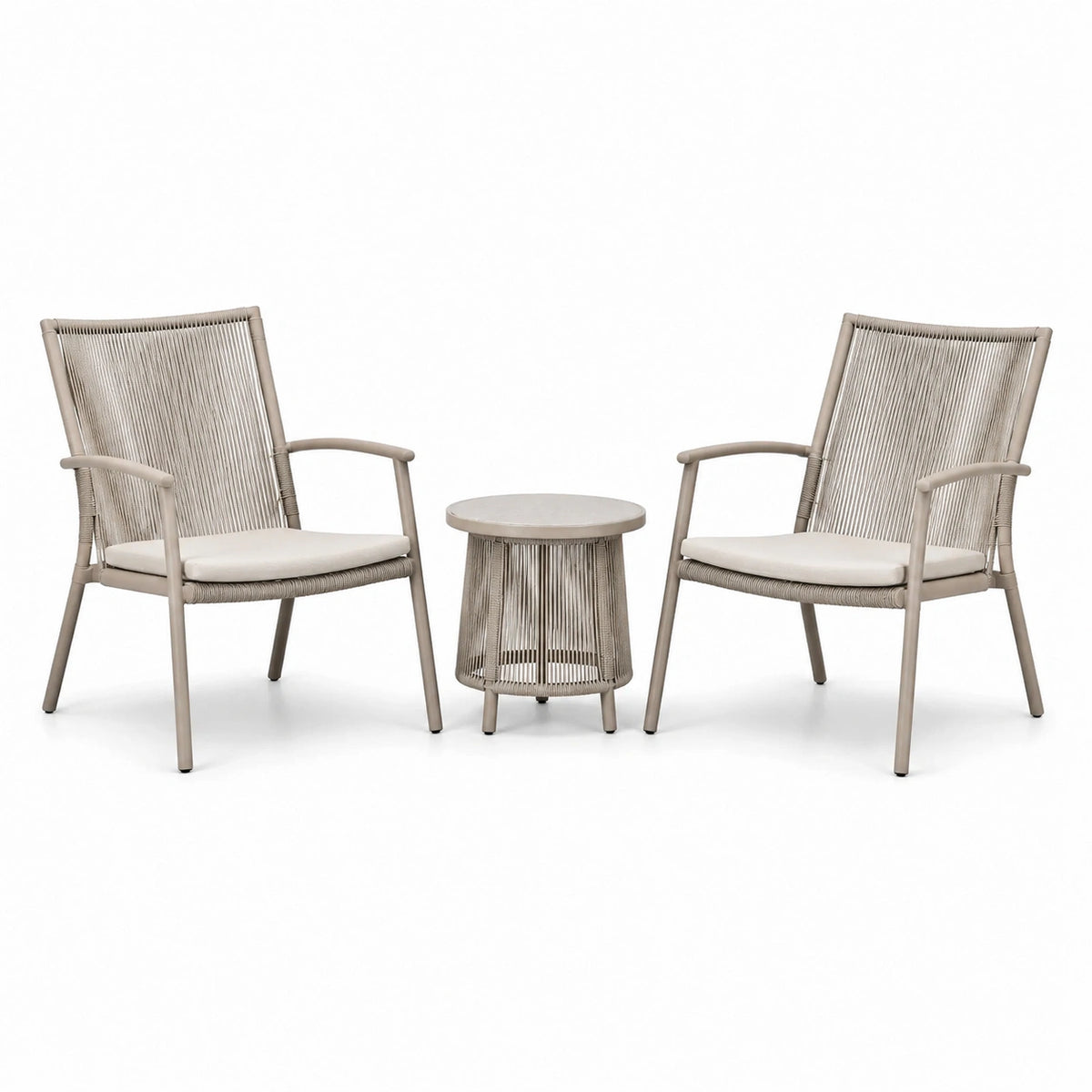 Salon de jardin 3 pièces taupe et blanc cassé en métal et corde tressée – 2 fauteuils de 62 × 68 × 88 cm et table ronde Ø 45 × 50 cm