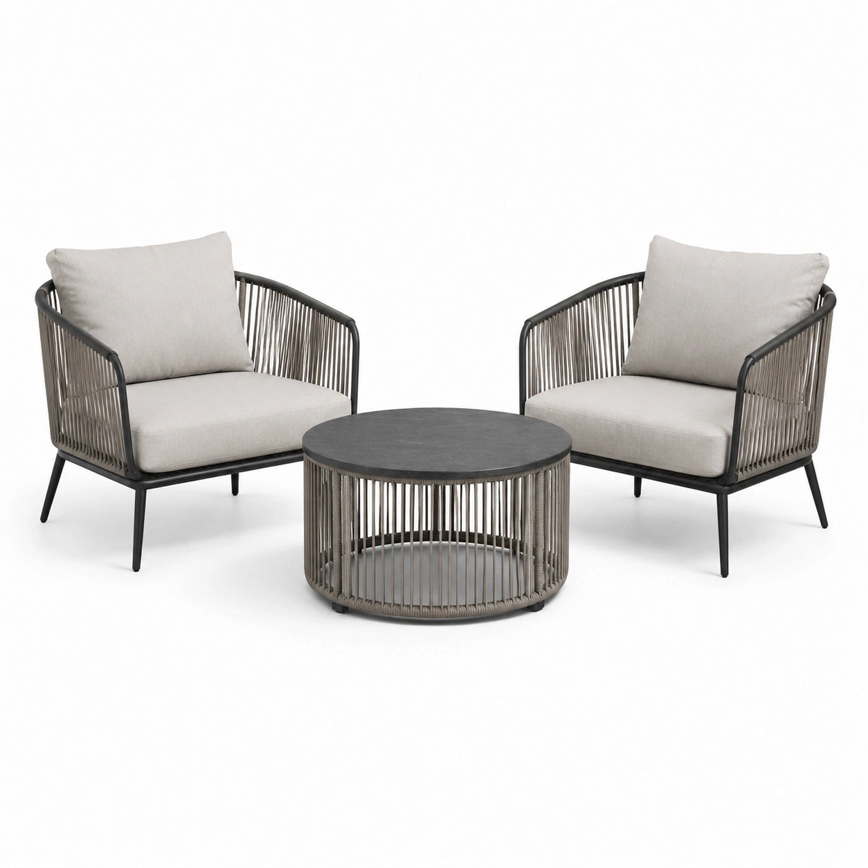 Ensemble de jardin 3 pièces avec 2 fauteuils de 75 x 78 x 78 cm et table ronde Ø 70 x 43 cm, gris clair, gris taupe et noir