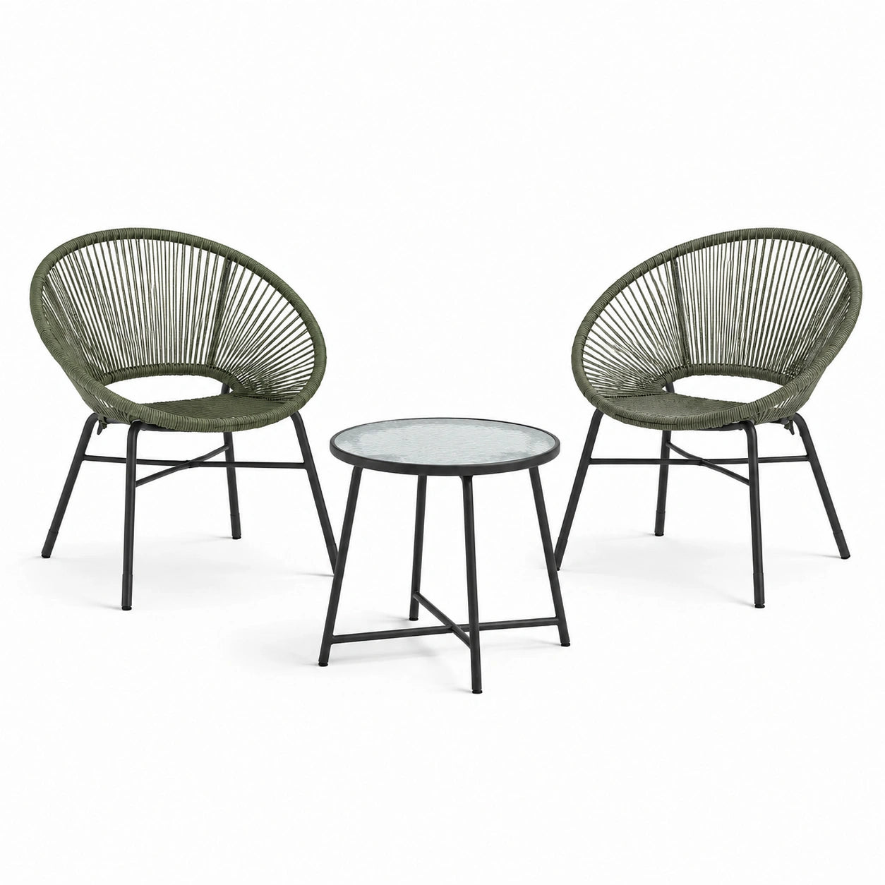 Salon de jardin 3 pièces avec 2 fauteuils de 74 × 72 × 84 cm et table ronde de 55 × 45 cm, vert kaki, noir et verre texturé