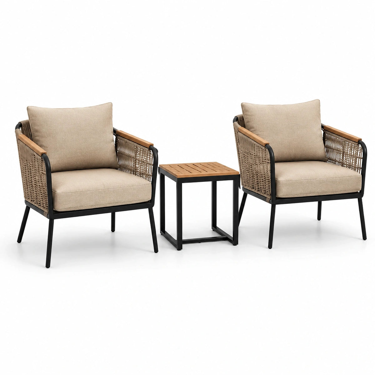 Ensemble d'extérieur 3 pièces avec 2 fauteuils 70 × 75 × 80 cm et table 45 × 45 × 45 cm, beige, brun et noir