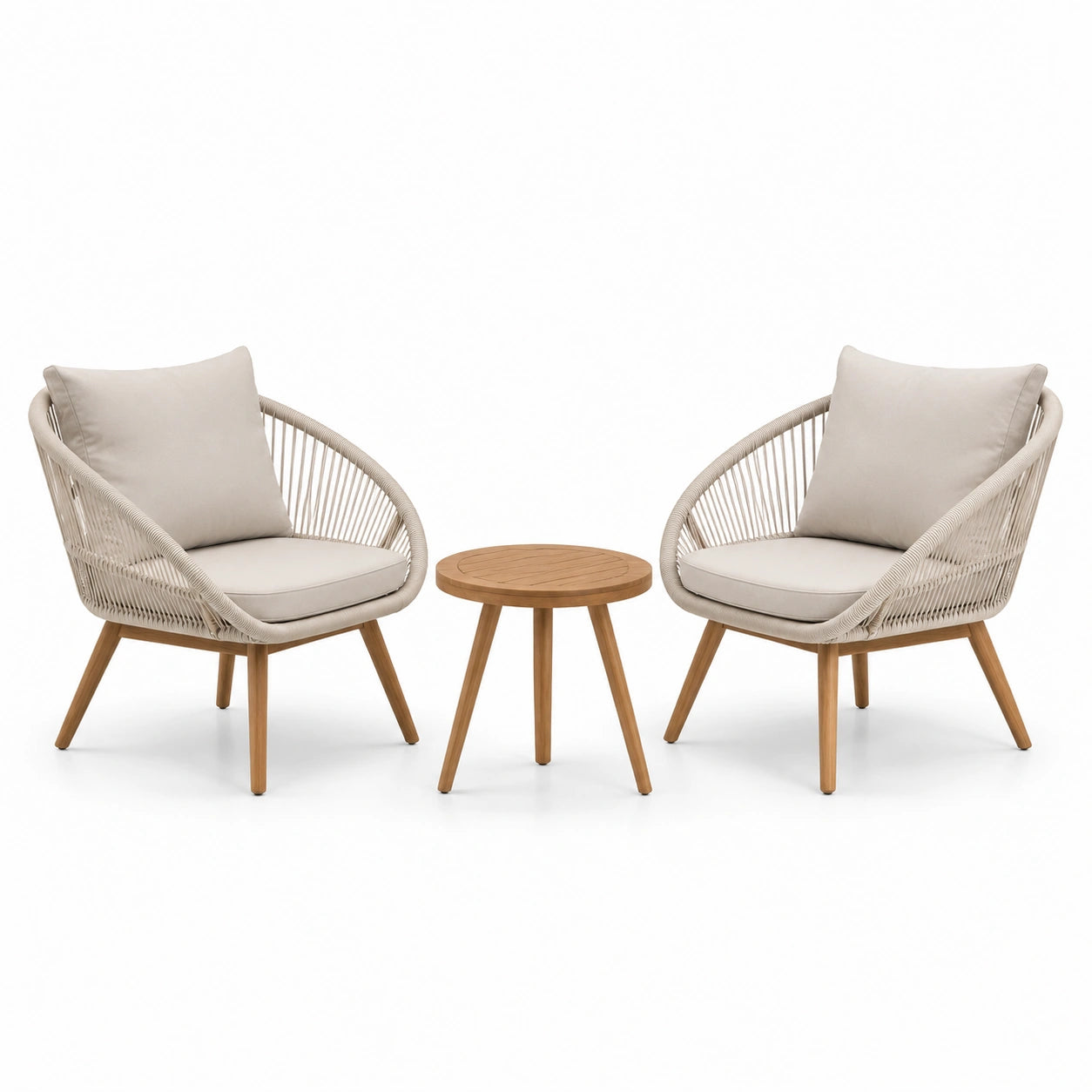 Ensemble de jardin 3 pièces beige et bois naturel, 2 fauteuils 75 × 75 × 82 cm et table ronde Ø 50 × 45 cm
