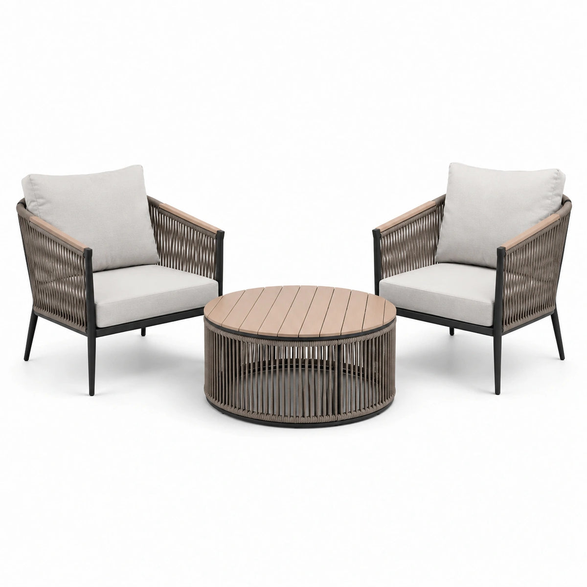 Ensemble de jardin 3 pièces avec 2 fauteuils de 72 x 75 x 79 cm et table ronde Ø 75 x 40 cm, taupe, beige clair, noir et bois clair